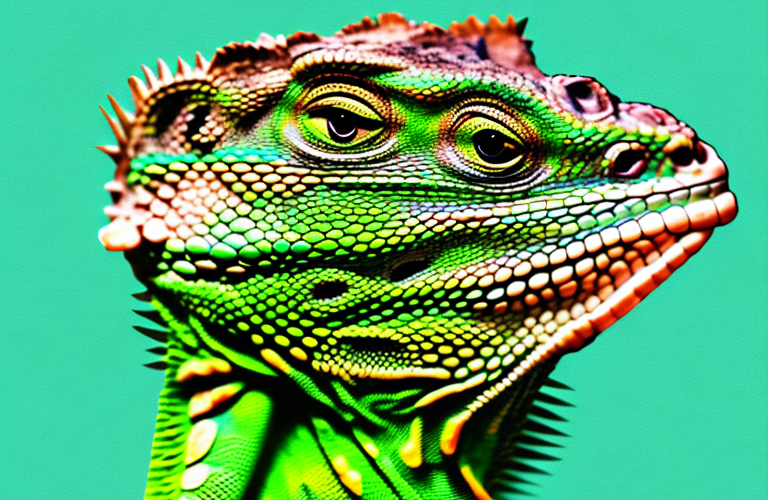 A green iguana eating a piece of veal
