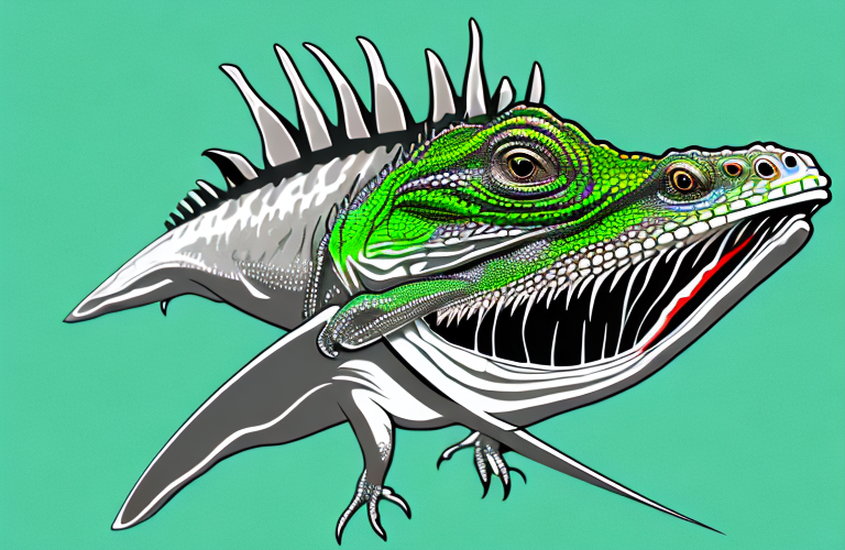 A green iguana eating a swordfish