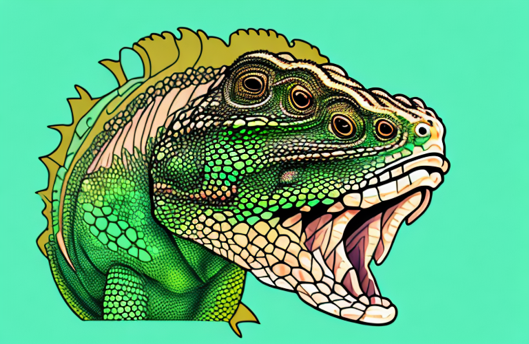 A green iguana eating a carp