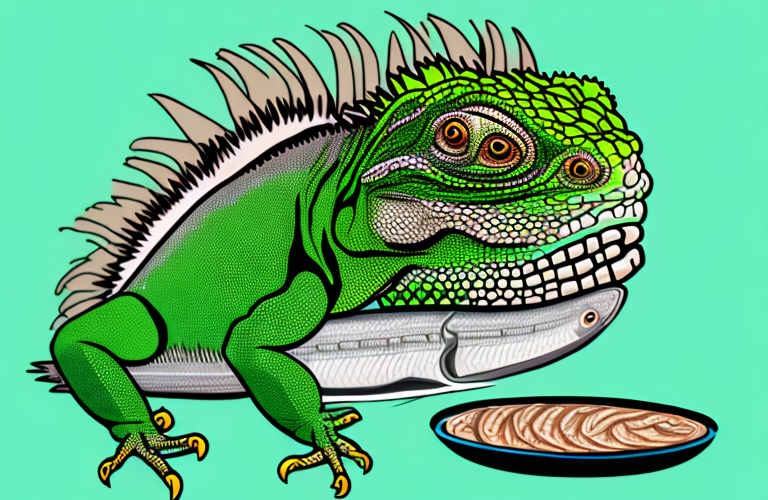 A green iguana eating sardines