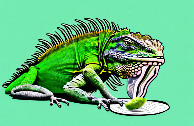 A green iguana eating an oyster
