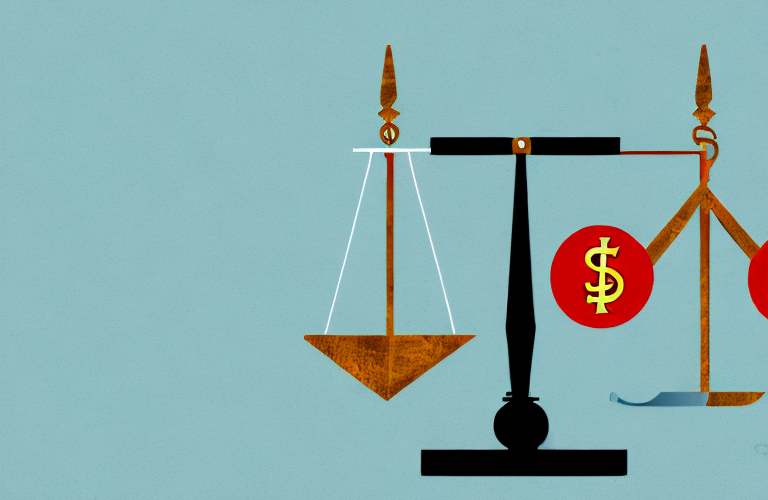 A balance scale with a dollar sign on one side and a hammer and sickle on the other