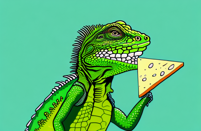 A green iguana eating cheese