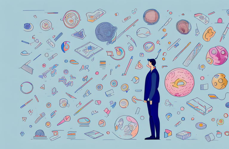 A person surrounded by a variety of objects that represent different aspects of soft skills