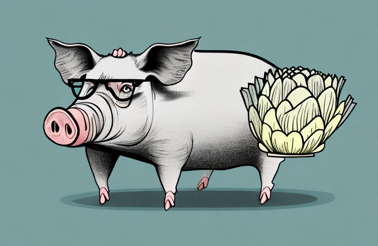 A pig eating an artichoke