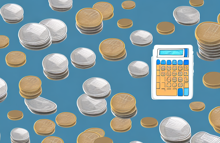 A stack of coins with a calculator in the background