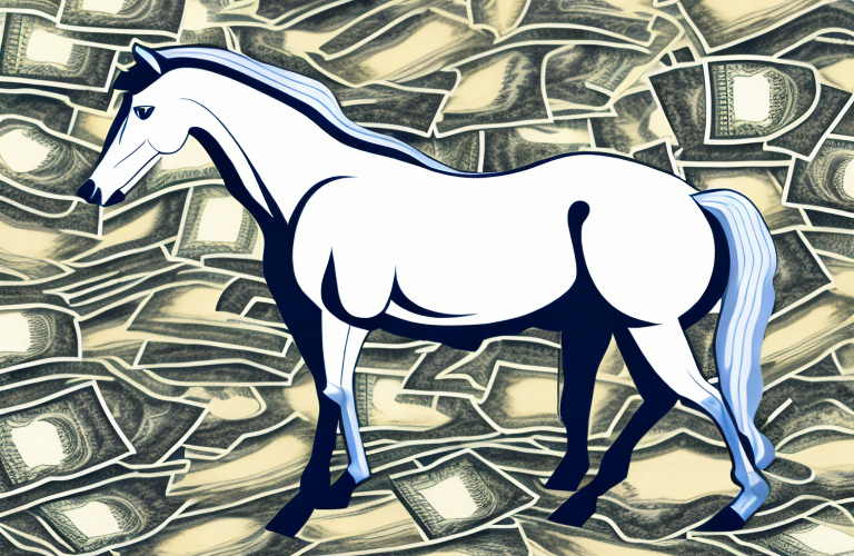 A horse standing in front of a large pile of money