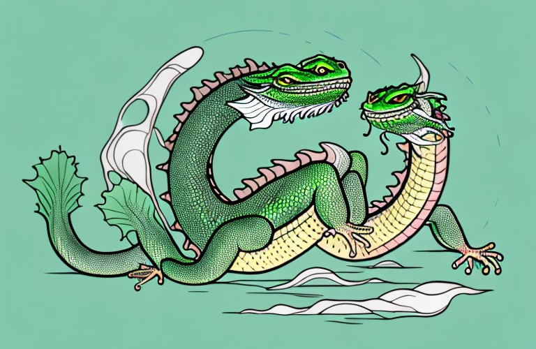 A chinese water dragon eating kohlrabi greens