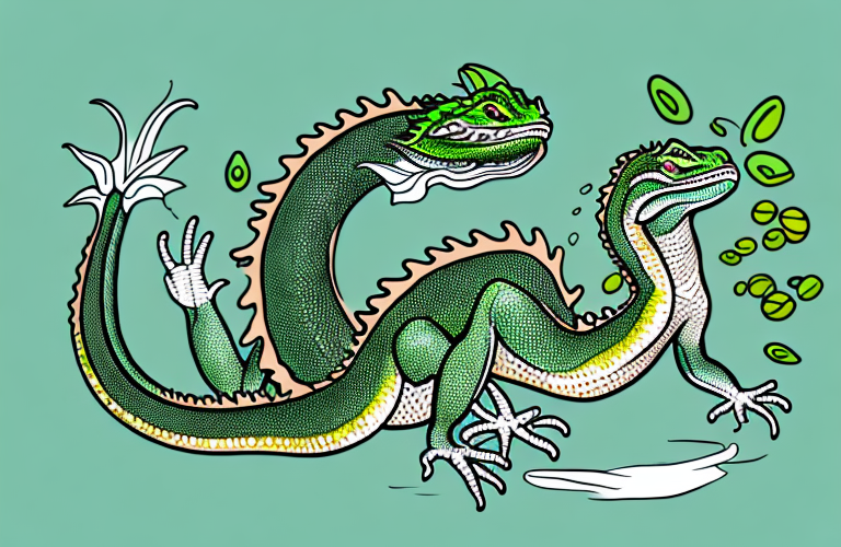 A chinese water dragon eating microgreens