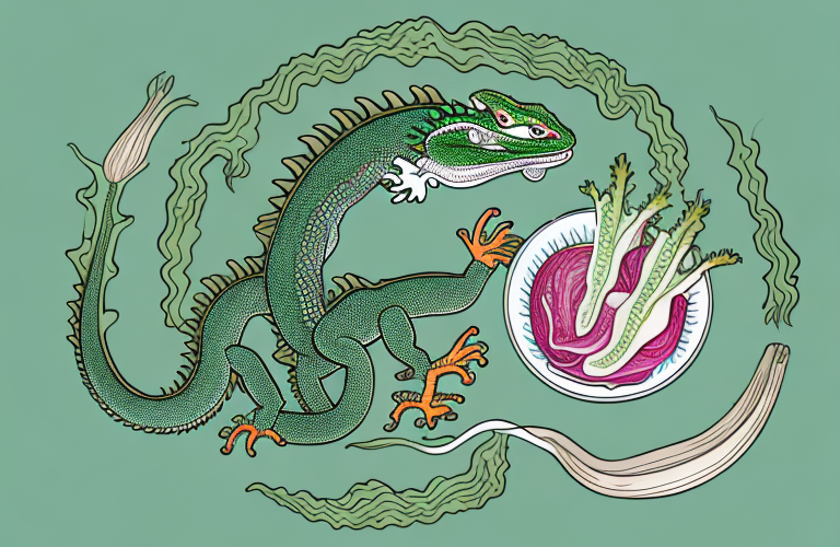 A chinese water dragon eating radish greens