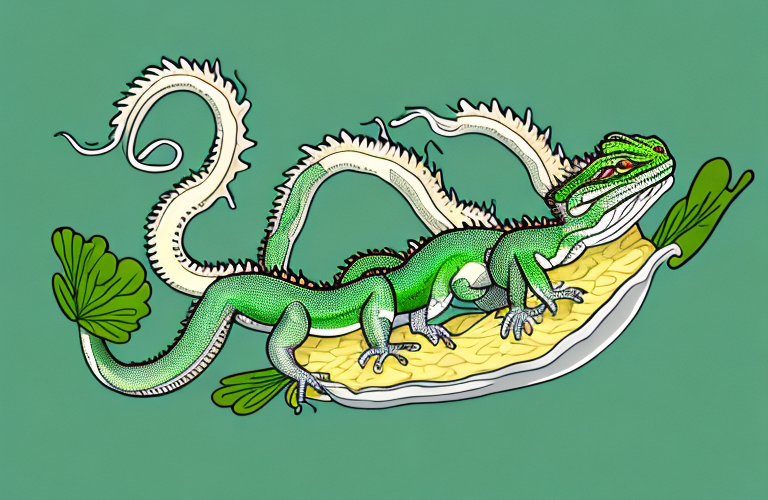 A chinese water dragon eating a mustard green leaf