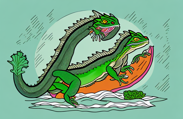 A chinese water dragon eating rapini
