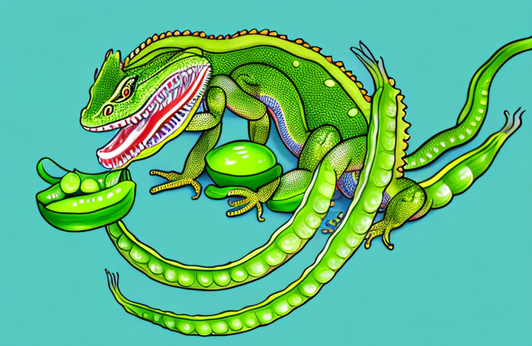 A chinese water dragon eating a snap pea