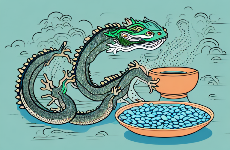 A chinese water dragon eating soy beans