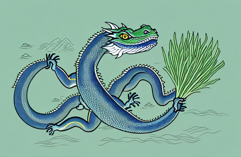 A chinese water dragon eating chives