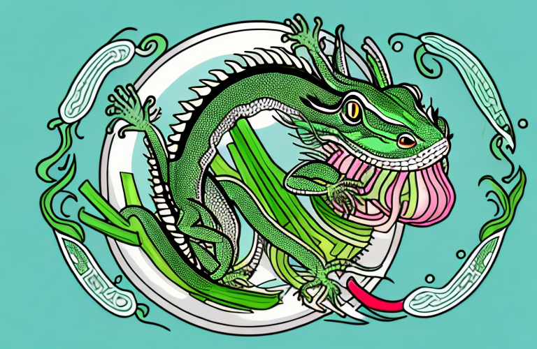 A chinese water dragon eating a leek