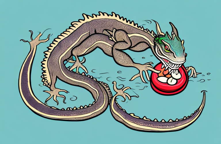 A chinese water dragon eating a kidney bean