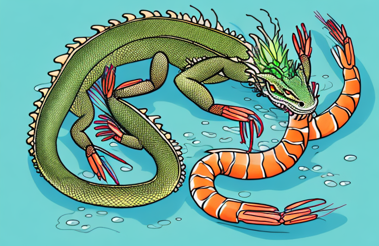 A chinese water dragon eating a shrimp