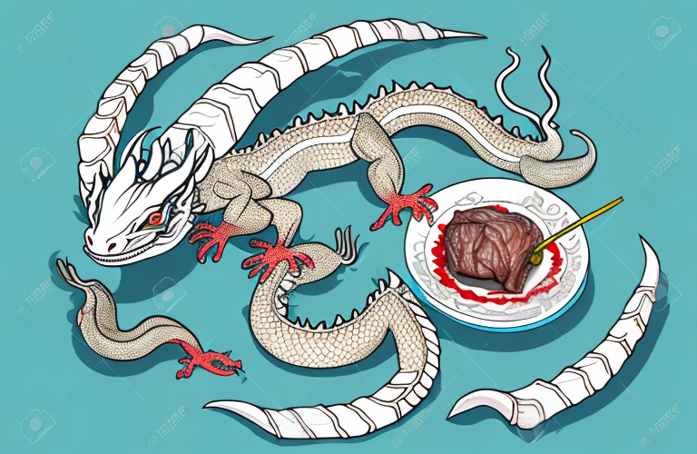 A chinese water dragon eating a piece of goat meat