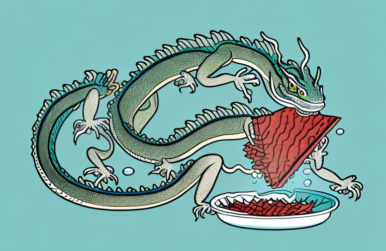 A chinese water dragon eating a piece of venison
