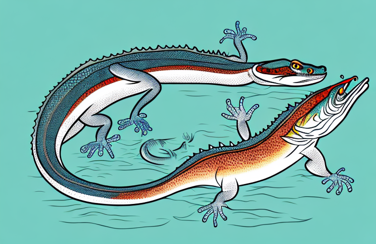 A chinese water dragon eating a trout