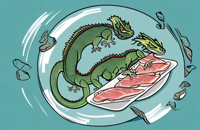 A chinese water dragon eating a piece of veal