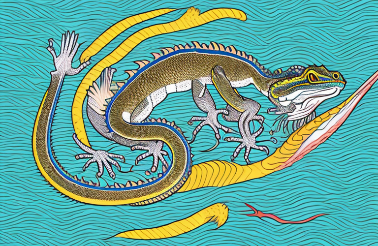 A chinese water dragon eating a striped bass