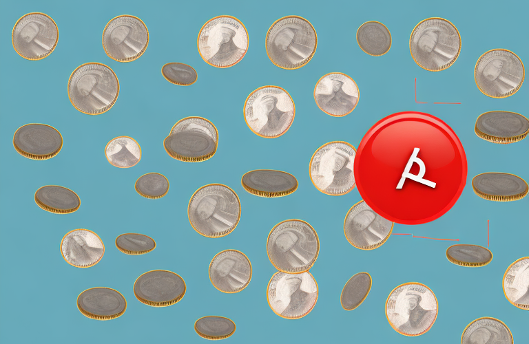 A stack of coins with a large red arrow pointing downwards
