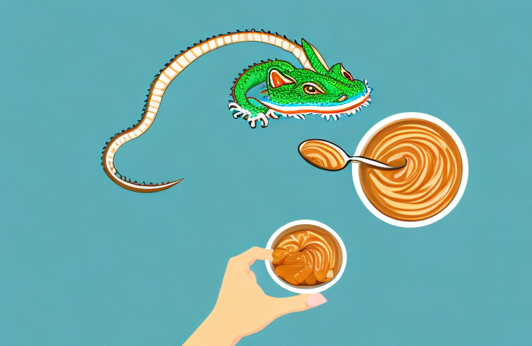 A chinese water dragon eating a spoonful of peanut butter