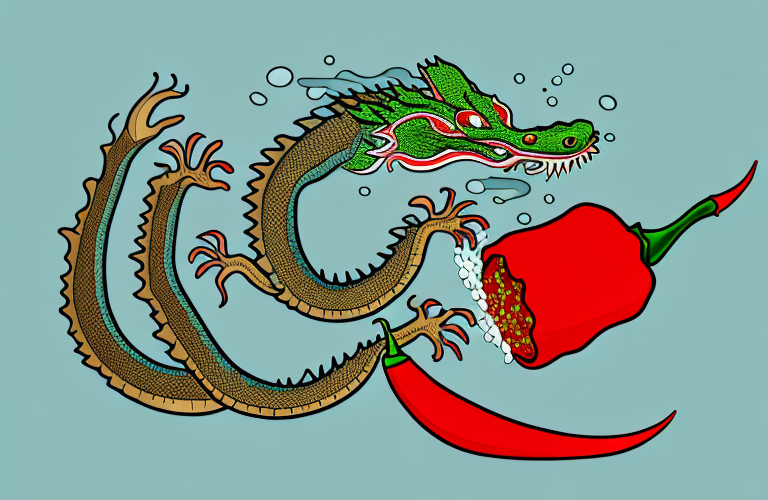 A chinese water dragon eating a chili pepper