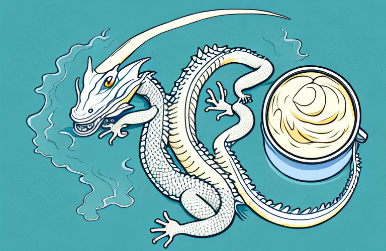 A chinese water dragon eating a scoop of vanilla ice cream