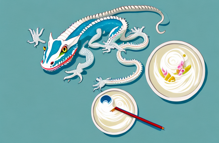 A chinese water dragon eating vanilla yogurt