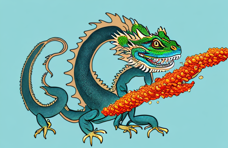 A chinese water dragon eating hot cheetos