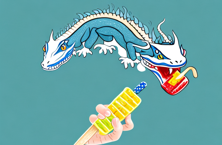 A chinese water dragon eating a popsicle