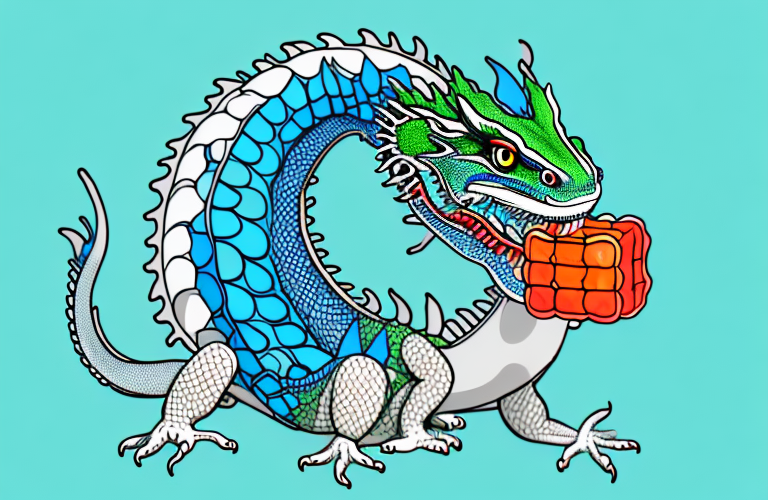 A chinese water dragon eating a gummy bear