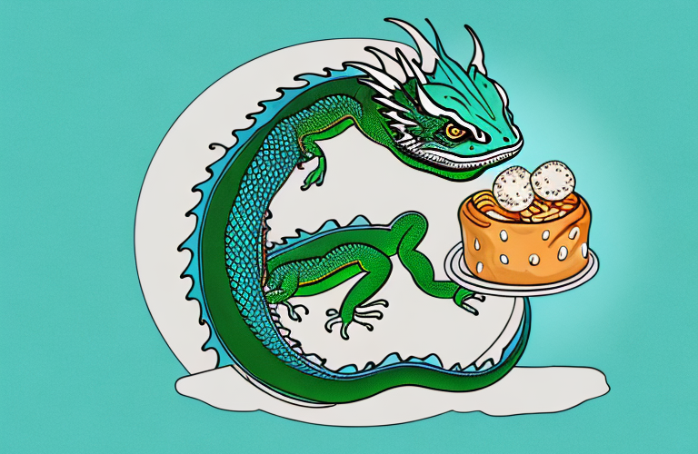 A chinese water dragon eating a sweet roll