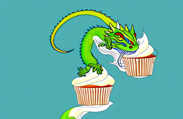 A chinese water dragon eating a cupcake