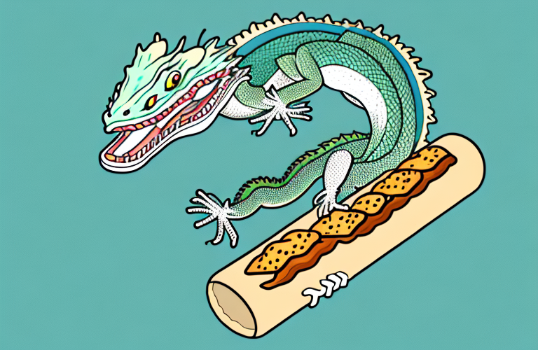 A chinese water dragon eating a baguette