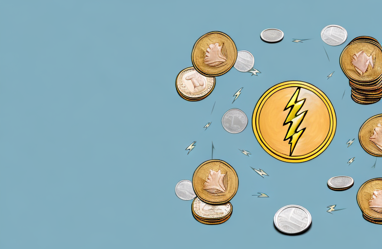 A stack of coins with a dollar sign and a lightning bolt above it