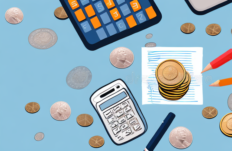 A stack of coins with a calculator and a pen next to it
