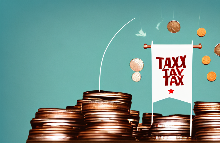 A stack of coins with a banner reading "tax holiday" draped over it