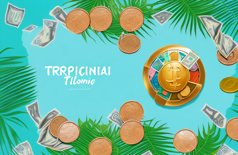 A tropical island with a treasure chest overflowing with coins and bills