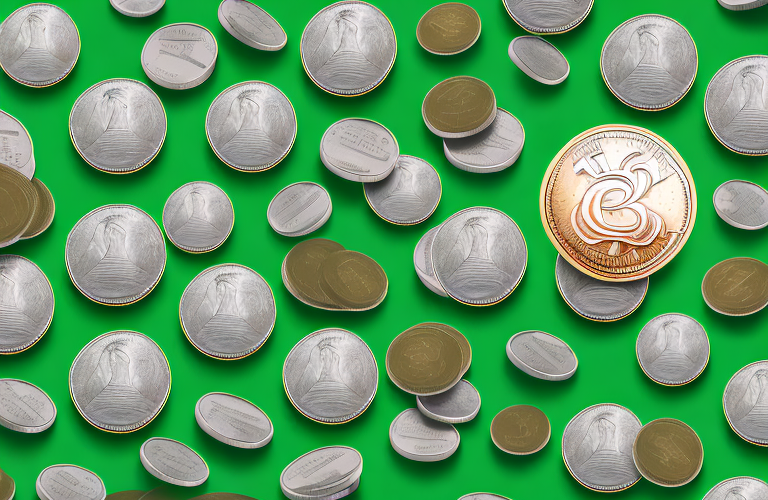 A stack of coins with a bright green background