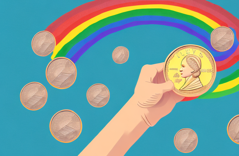 A hand holding a stack of coins with a rainbow of colors behind it