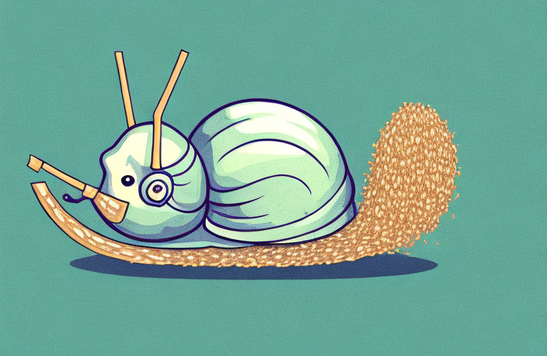 A snail eating a piece of hay
