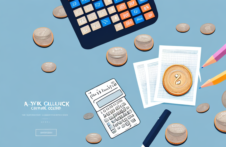 A stack of coins with a calculator and pen beside it