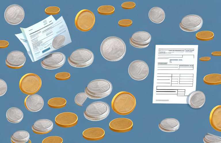 A stack of coins with a calculator and a tax form in the background