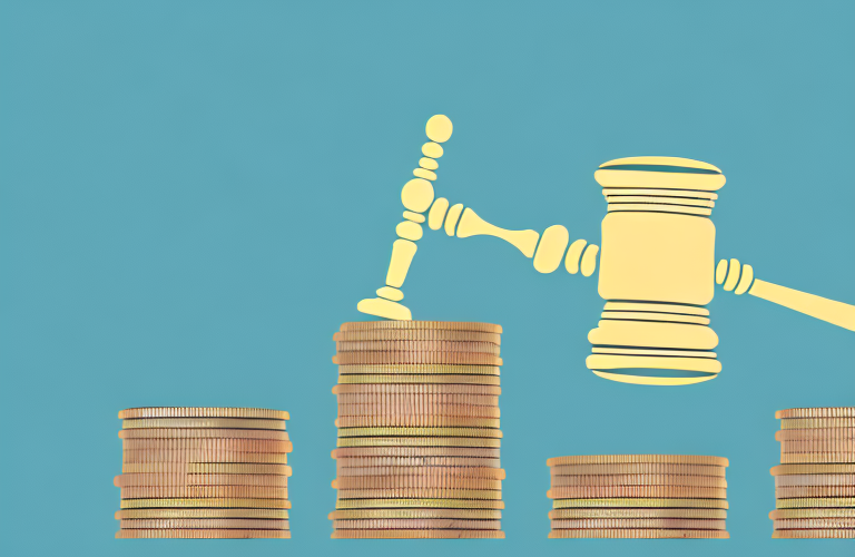 A stack of coins with a gavel on top