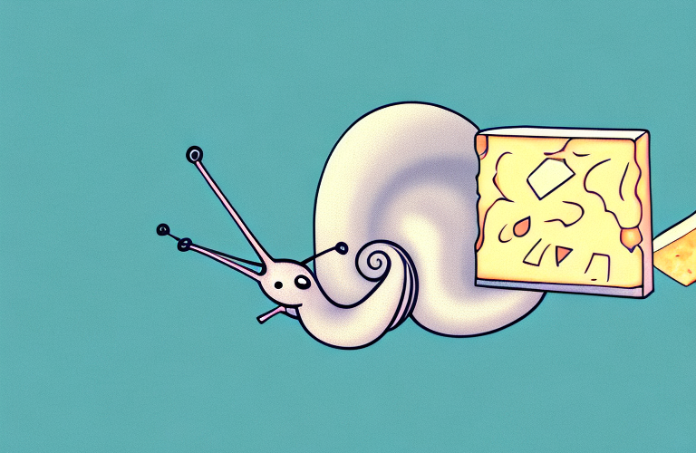 A snail eating a piece of gouda cheese