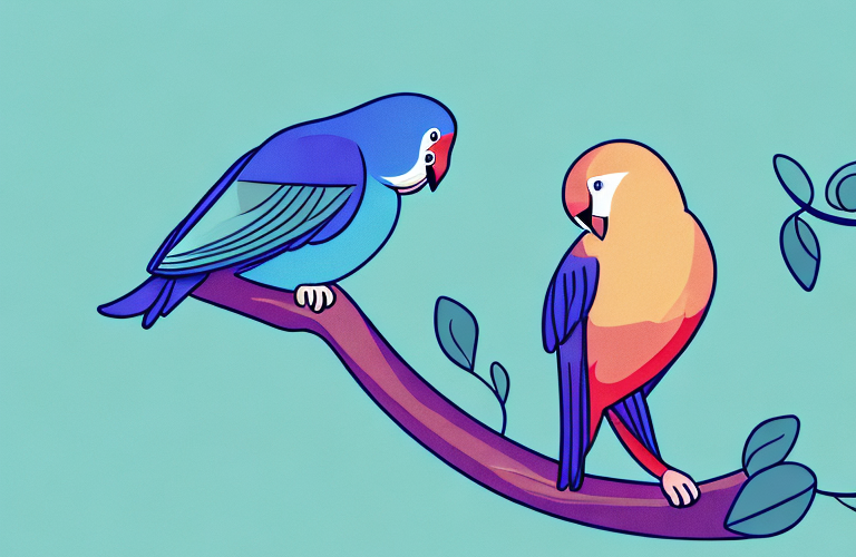 A lovebird perched on a branch with a blueberry in its beak